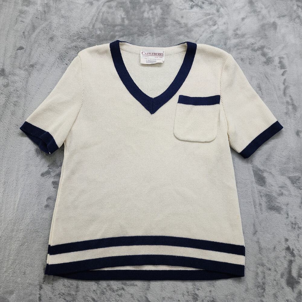 Vintage Castleberry‎ I.Magnin Sweater Womens 16 Cream Blue V-Neck Short Sleeve